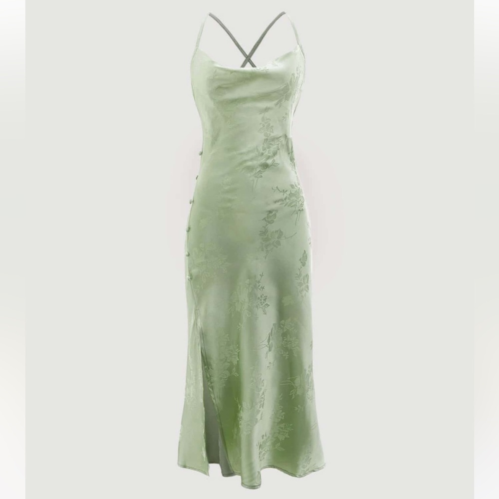 Floral Satin Midi Dress Slit Buttons Crisscross Straps Small Sage Green Wedding
